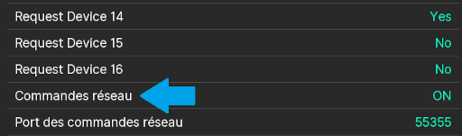 Capture d'écran du menu Network Commands setting
